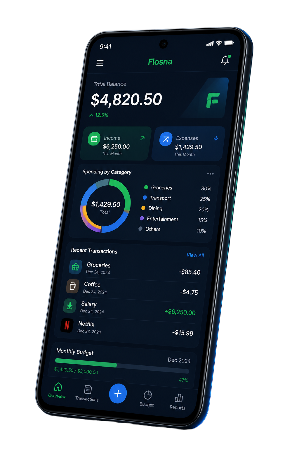 Flosna app dashboard showing balance, income, expenses, category breakdown, and recent transactions